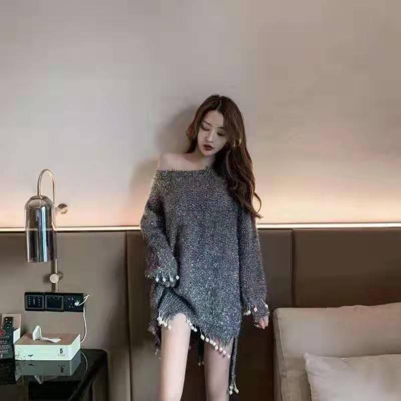 Beads Tassel Knitwear Women Loose Bling Silk Crew Neck Irregular Hem Pullover Sweater Dress