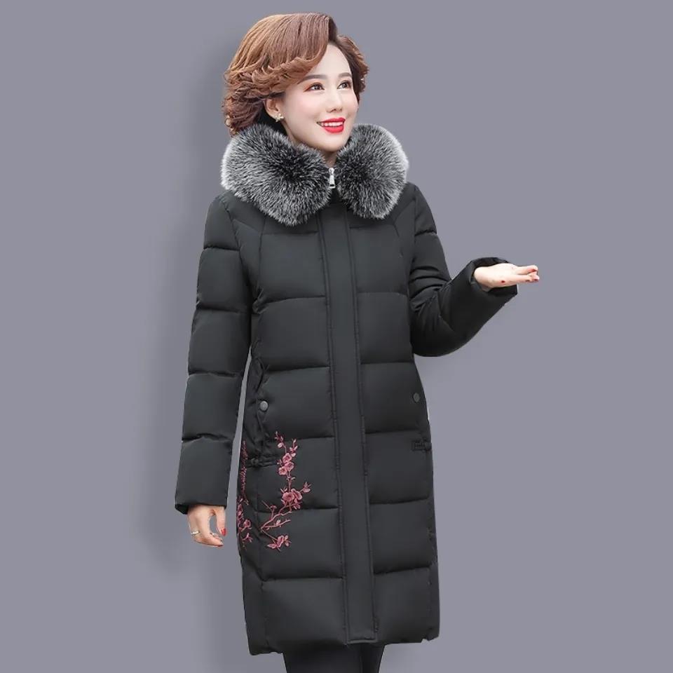 Elderly Winter Padded Jacket Women's Mid-length and Thicker Warm Embroidered Quilted Jacket