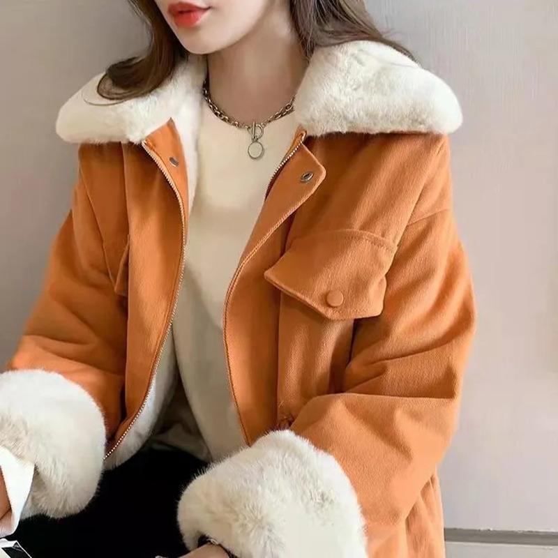 Women's Winter Plus Velvet Thickened Mid-length Cotton Coat Loose Drawstring Korean Style Cotton Coat Jacket Tooling Pie To Overcome Jacket Casual Top