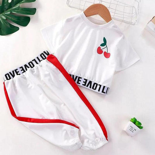 2PCS Children Clothing Set Spring Summer Girls Suits Printing Letter Cherry Short Sleeve Tops + Pants Clothing Set