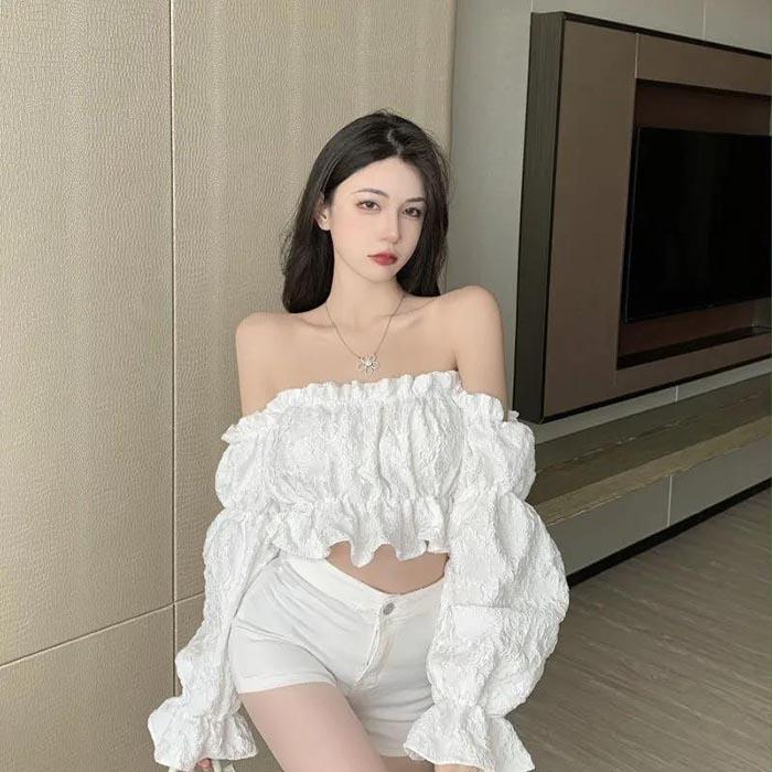 Lantern Sleeve Summer Shirt One-Shoulder Top Jacquard Slim Short Sexy T-Shirt Shirts