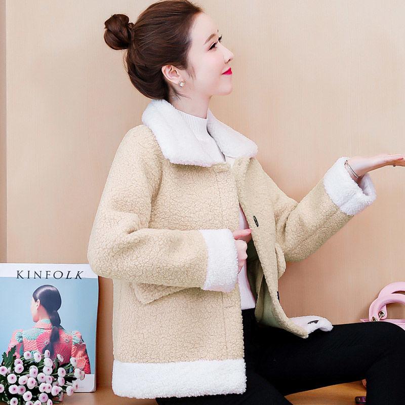 Lamb Wool Coat Female Autumn and Winter Korean Version Plus Velvet Color Matching Fur One Thickened Short Lamb Wool