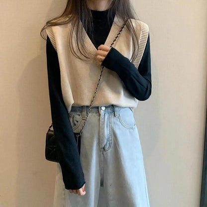Loose Short Sleeveless V-neck Waistcoat Waistcoat Vest V-neck Knitted Vest Women's Solid Color Simple and Thin Sweater
