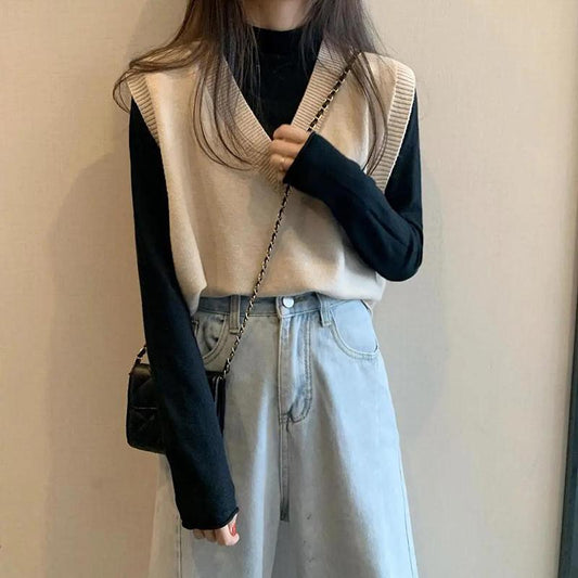 Loose Short Sleeveless V-neck Waistcoat Waistcoat Vest V-neck Knitted Vest Women's Solid Color Simple and Thin Sweater