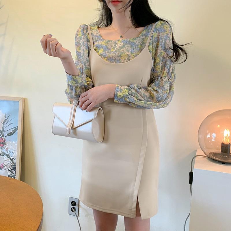 Korean Fashion Women Long Sleeve Floral Print Chiffon Square Neck Shirt Blouse Tops