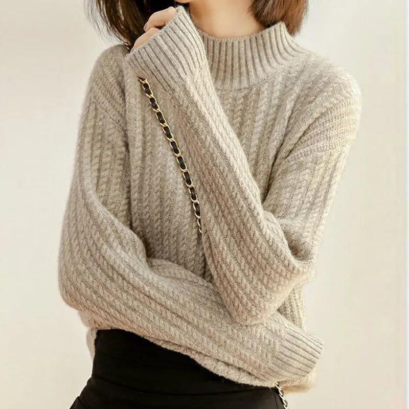 Women's Sweater Half Turtleneck Plus Fleece Thick Knit Sweater Loose Large Size Long Sleeve Sweater