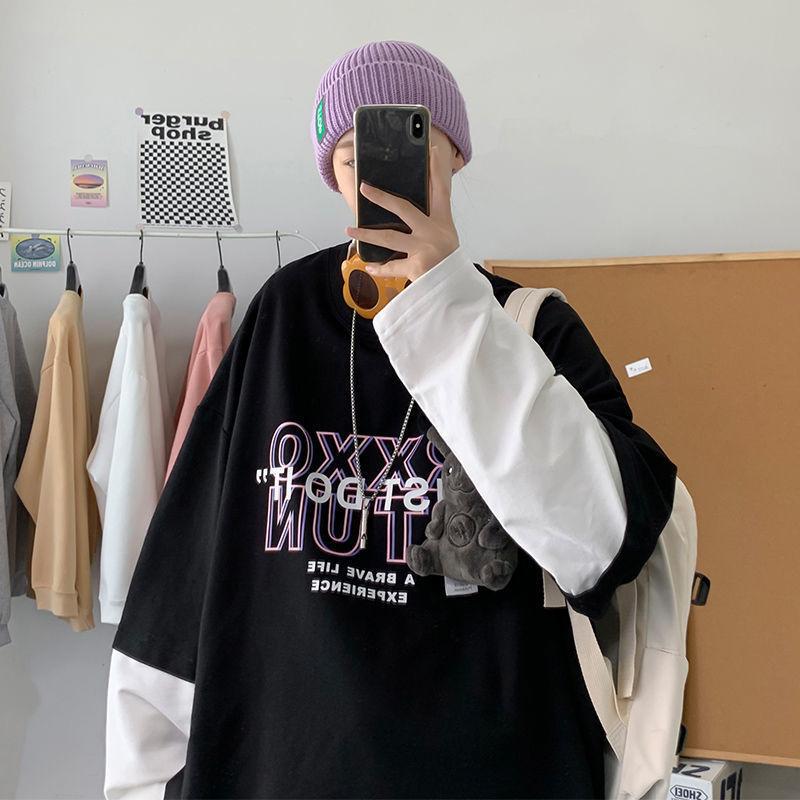 Autumn Long-sleeved T-shirt Fake Two Loose All-match Bottoming Shirt Casual Trend Pullover Suitable for Students and Couples
