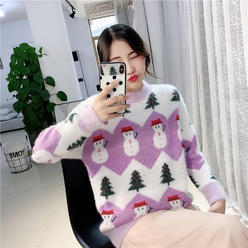 Autumn and Winter Imitation Velvet Printed Christmas Sweater Female Loose Head Sweet Sweater
