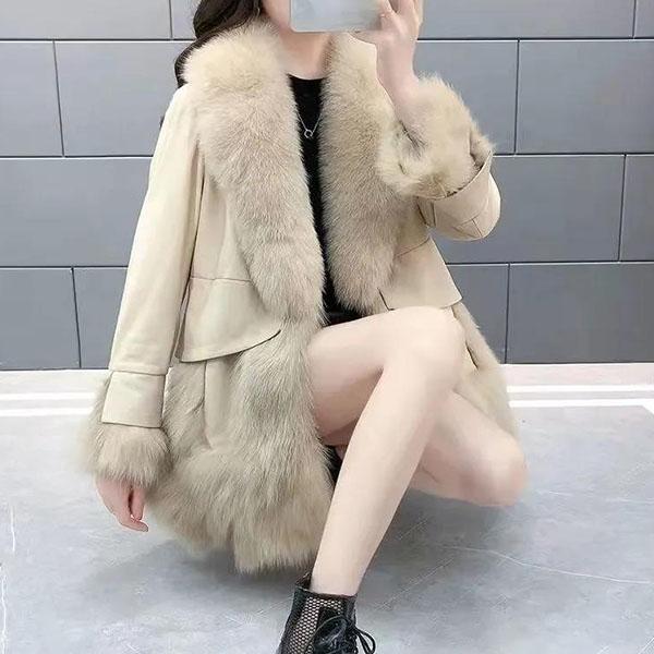 Women's Winter Fur Coat Plus Size Long Sleeve Fur Collar Slim Coat Female Solid Color Casual Warm Jacket