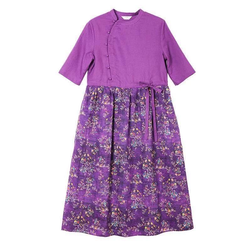 Purple Plus Size Ethnic Style Dress Linen Print Retro Cheongsam Round Neck Button Closure Floral Dress