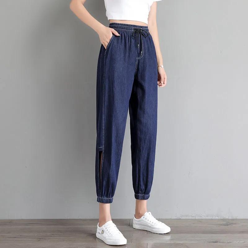 Tencel Thin Denim Jeans Women's Korean Style Loose Large Size Casual Ninth High Waist Harem Pants Outdoor Sports Denim Jeans Trousers