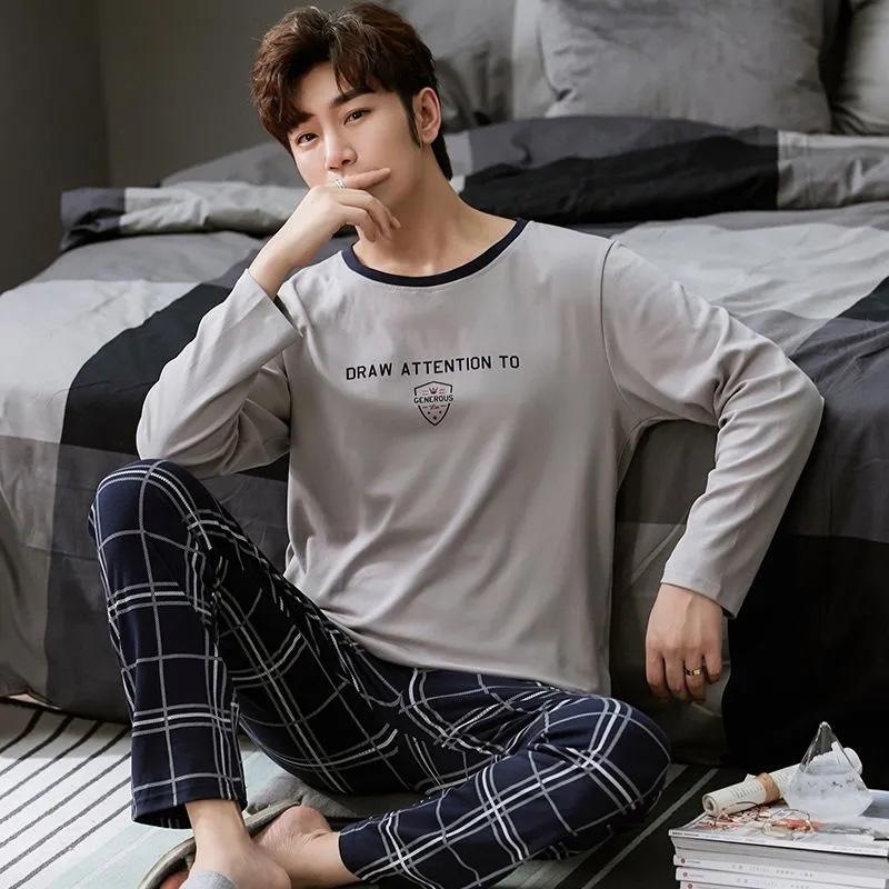 Men's Pajamas Spring Autumn Summer Long-sleeved Large Size Thin Pajamas Men's Homewear Suit