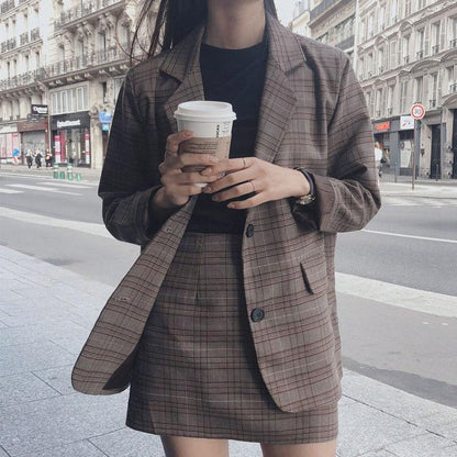 Women Suit Dark Academia Clothing Retro Plaid Plus Size Korean Coat Blazers and Skirt for Woman, Single Breasted Outerwear for Your Minimal Style