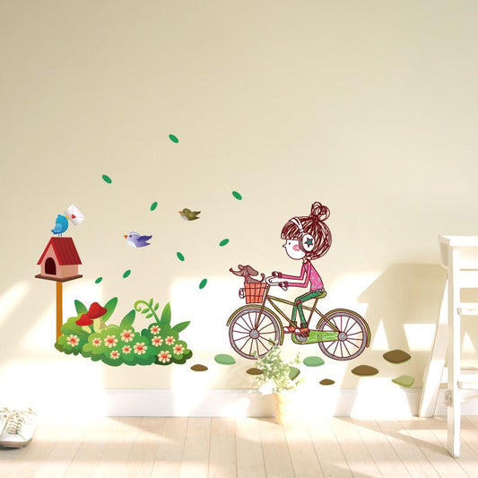 Cartoon girl room decoration wall sticker bicycle girl wall sticker