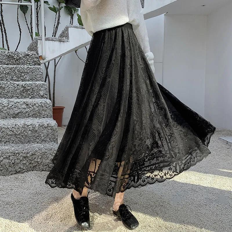Women Lace Skirt Mid-length A-line Skirt Plus Size Summer Ruffled Elastic Waist Sandy Beach Vacation Daily
