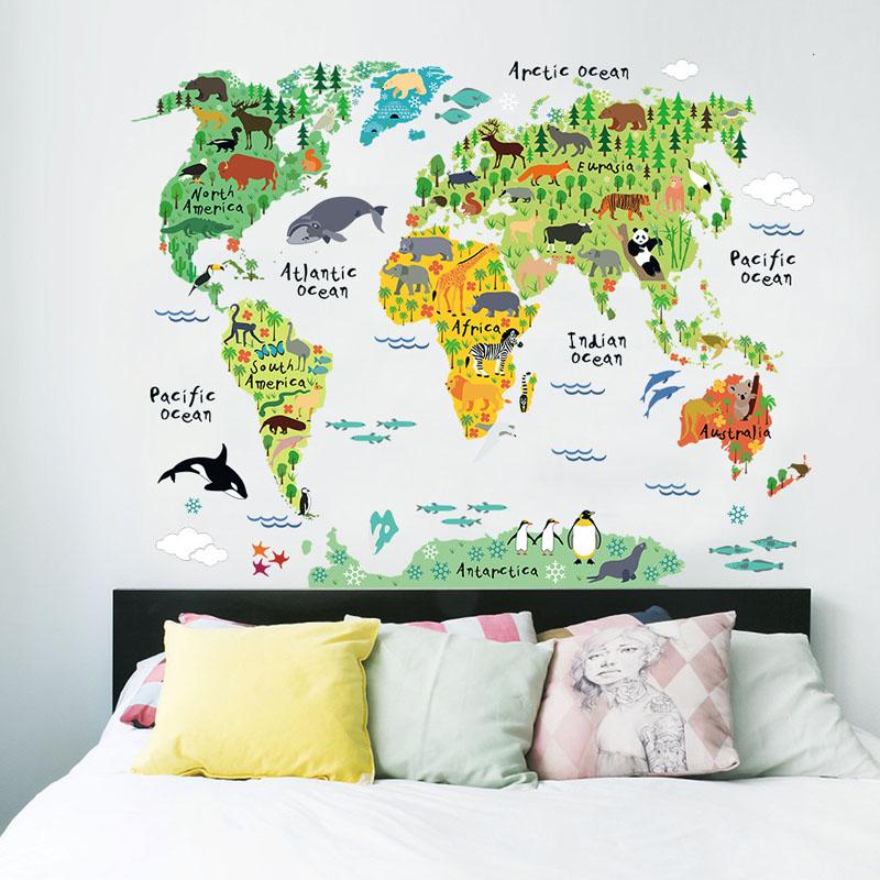 [Wall sticker ]Diy Animal World Map Wall Stickers For Kids Rooms Boys Girls Children Bedroom Wall De