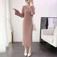Autumn and Winter Long Knitted Dress Slim Fashion V-neck Sweater Dress Solid Color Women's Pleated Dress