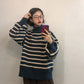Striped knit jacket coat Thick color-matching turtleneck female student lazy wind loose pullover