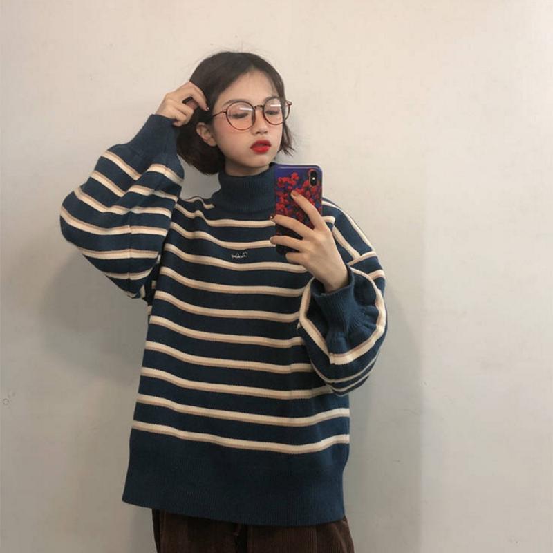 Striped knit jacket coat Thick color-matching turtleneck female student lazy wind loose pullover