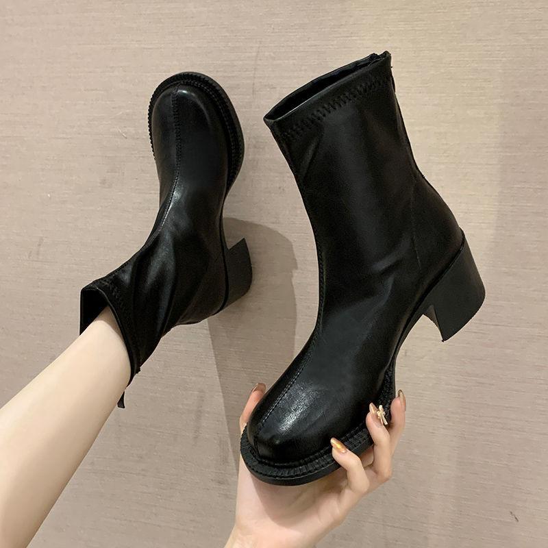 Big Head Martin Boots Female Autumn and Winter All-match Round Head Soft Leather Thick High-heel British Style Back Zipper Ankle Boots