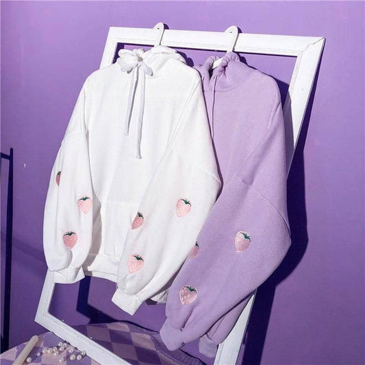 Lilac Color Strawberry Embroidered Hoodie Kawaii Harajuku Clothing Soft Aesthetic Sweatshirt Anime Sweatshirt Kawaii Clothing Hoodies Cute
