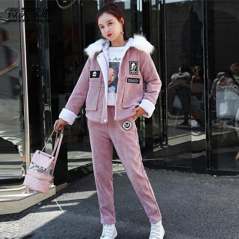 2pcs/set Winter Parka Women Fleece Liner Hooded Parka Coat+ Pant Two-piece Set Ladies Causual Warm Jacket   Outwear Outfits