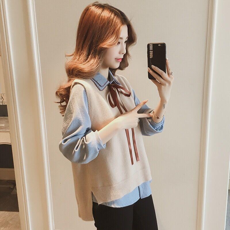 Spring and Autumn Striped Shirt Vest Two-piece Knitted Suit Vest Fashion Simple Female Sweater