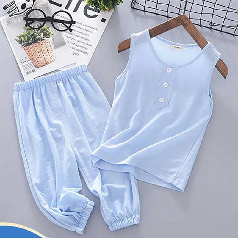 Children's Vest Suit Ice Silk Cotton Silk Boys and Girls Sleeveless T-shirt Casual Pants Two-piece Baby Summer Clothes