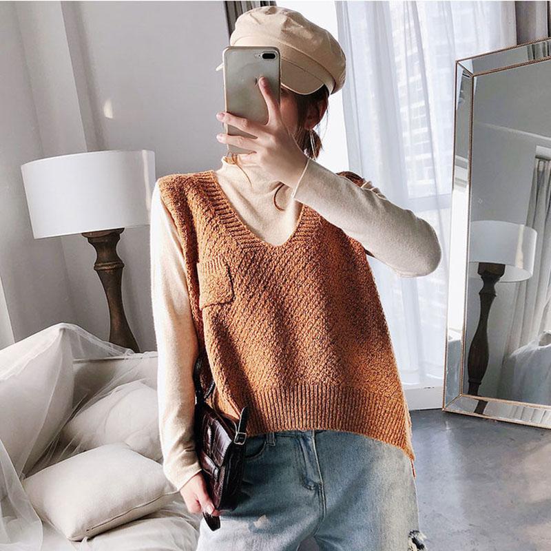 Spring and Autumn Sleeveless Waistcoat V-neck Knitted Vest Sweater Fashion Solid Color Women's Vest