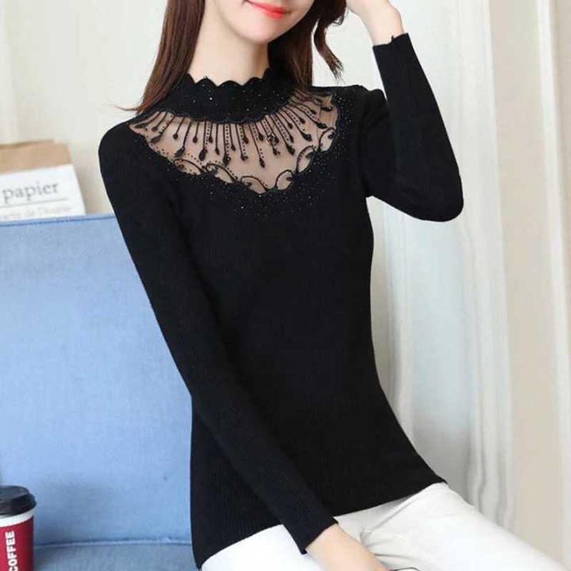 Pofulove Slim Turtleneck Sweater Lace Rhinestone Long Sleeve Base Shirt Knitting Pullover Women