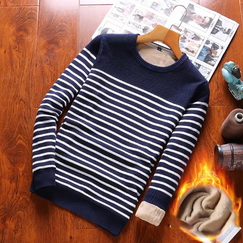 Mens Sweater Pure Cotton Striped Bottoming Sweater Long-sleeved Sweatshirts Plus Velvet Thickening To Keep Warm Autumn