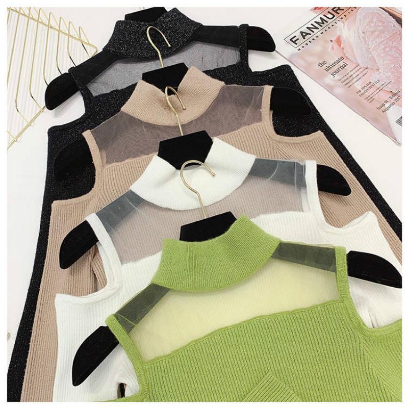 Pofulove Women Off-the-shoulder Half Turtleneck Shirt Mesh Stitched Sexy Knitwear Elastic Jumper