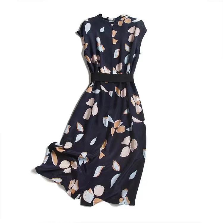 Dress  Women's Clothing Printed Long A-line Dress with Stand-up Collar and Short-sleeved Dress with Belt