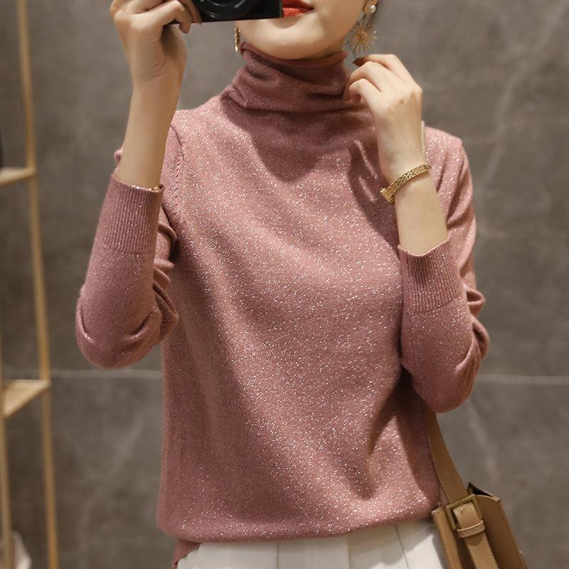 Women Solid Shiny Lurex Sweaters Autumn Winter ladies Long Sleeve Pullover Tops Heaps Collar knit Sweater