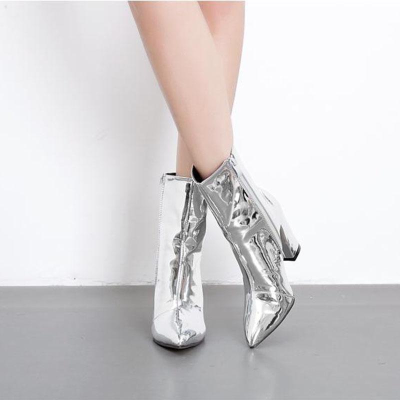 Thick-heeled Ankle Boots Women's Autumn Winter Pointed High-heeled Ankle Boot Silver Bright Leather Zipper Plus Velvet Martin Boots