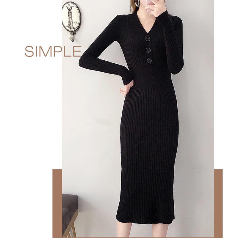 Autumn and Winter Fashion Padded Sweater Skirt Mid-length Over The Knee V-neck Knitted Dress Slim Inner Base Bag Hip Skirt