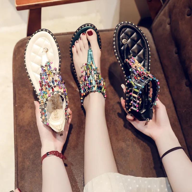 Flip-Flop Sandals Female Rhinestone Fairy Style Flat Student Flip-Flop Roman Bohemia Wild Summer