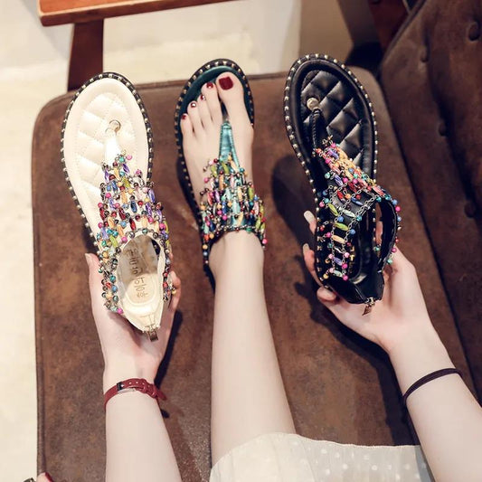 Flip-Flop Sandals Female Rhinestone Fairy Style Flat Student Flip-Flop Roman Bohemia Wild Summer