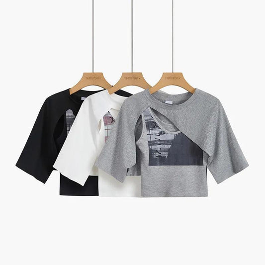 Gray Short-sleeved Irregular T-shirt Women's Short Umbilical Short Chic Top Two-piece Female Summer