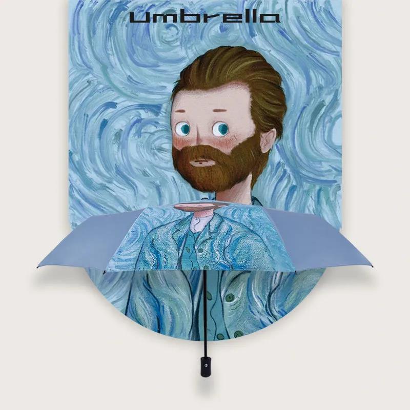 Fully Automatic Umbrella Cartoon Oil Painting Female Student Sunny and Rainy Sun Umbrella Black Glue Sunscreen Anti-ultraviolet Sunshade