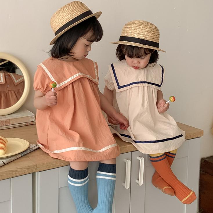 Summer Children's Clothing College Navy Girl's Dress Turn-down Neck Korean Style Baby Girl Skirt Short Sleeve