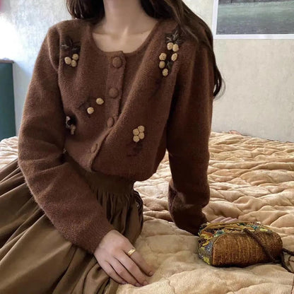 Sweater Coat Women's Trendy Ins Flower Embroidery Cardigan Small Fragrance Outside Korean Knitted Sweater Autumn and Winter Tops