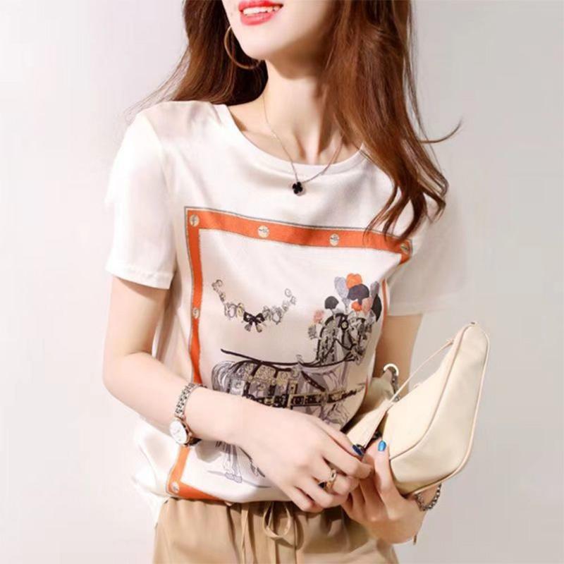 Skin-friendly Silky Imitation Silk Short-sleeved T-shirt Women's Printed Summer Shirt Korean Version Loose and Thin Top