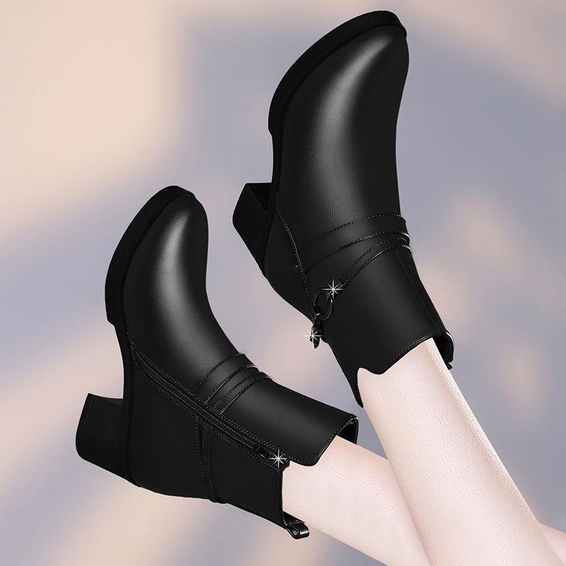 Women's Leather Boots Black Women's Autumn Winter Boots Slip on Ankle Boots for Women Bottes Femme