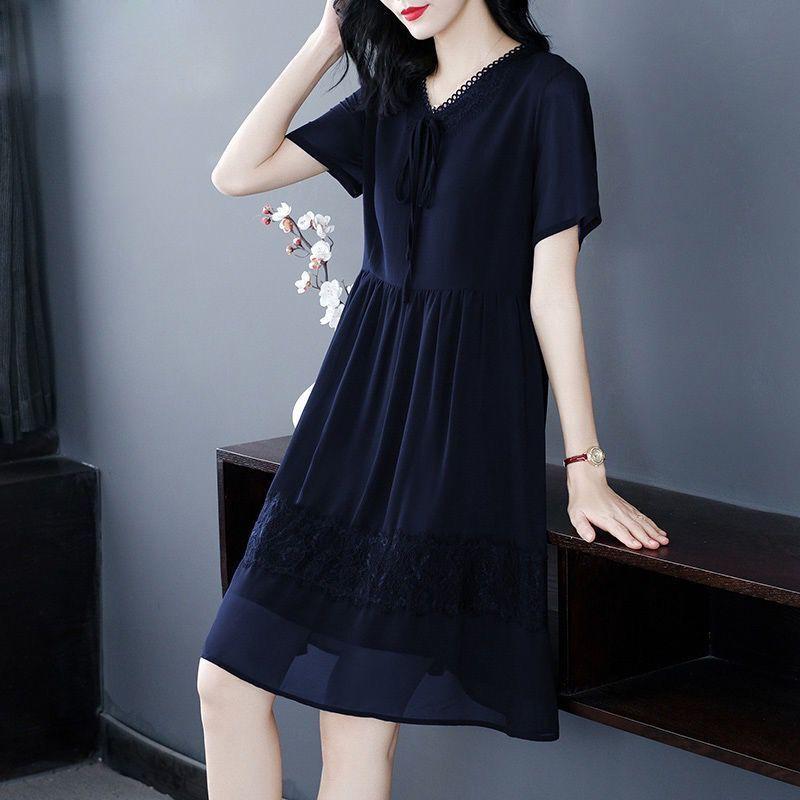 Black Chiffon Short-sleeved Dress Female Loose Large Size Was Thin V-neck Skirt Casual Simple Wild Pure Color Dress