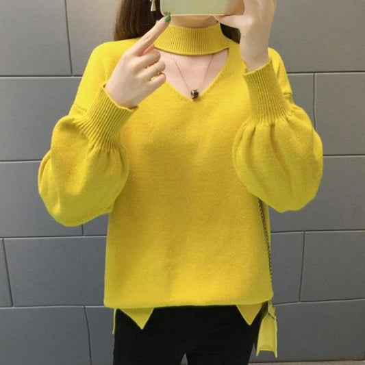 Autumn and Winter Loose Short Sweater Women's Half High Neck Lantern Sleeve Knit Sweater Solid Color Comfortable Bottoming Shirt Outer Wear