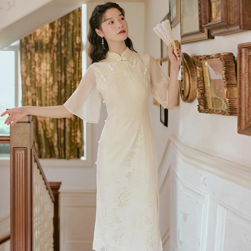 Improved Version of Chinese Style Women's Hanfu Cheongsam Women's Retro Elegant Long Temperament Dress Slim Cute Retro Style Embroidery Pattern