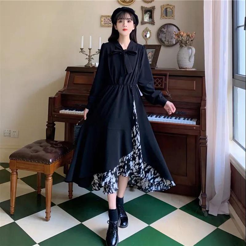 Women Sexy Floral Black Dresses Long Sleeve Dress with Irregular Stitching Spring and Autumn Dress