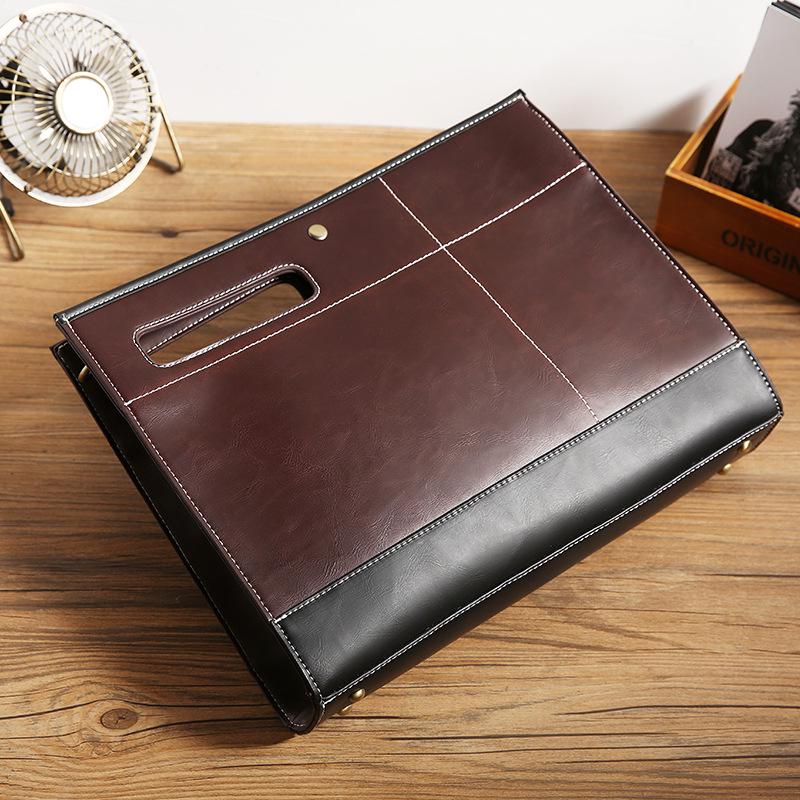 Business briefcase men retro large capacity zipper leather anti-theft waterproof A4 bag handbag