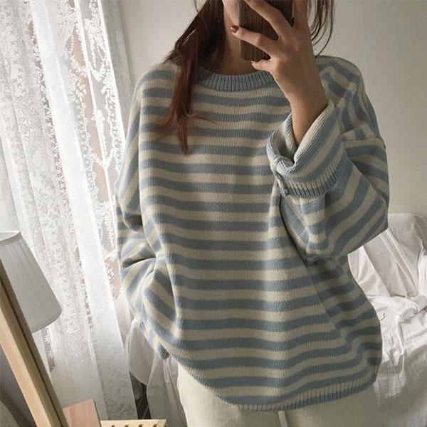 Autumn and Winter Striped Student Loose Pullover Long Sleeve Round Neck All-match Bottoming Sweater Coat